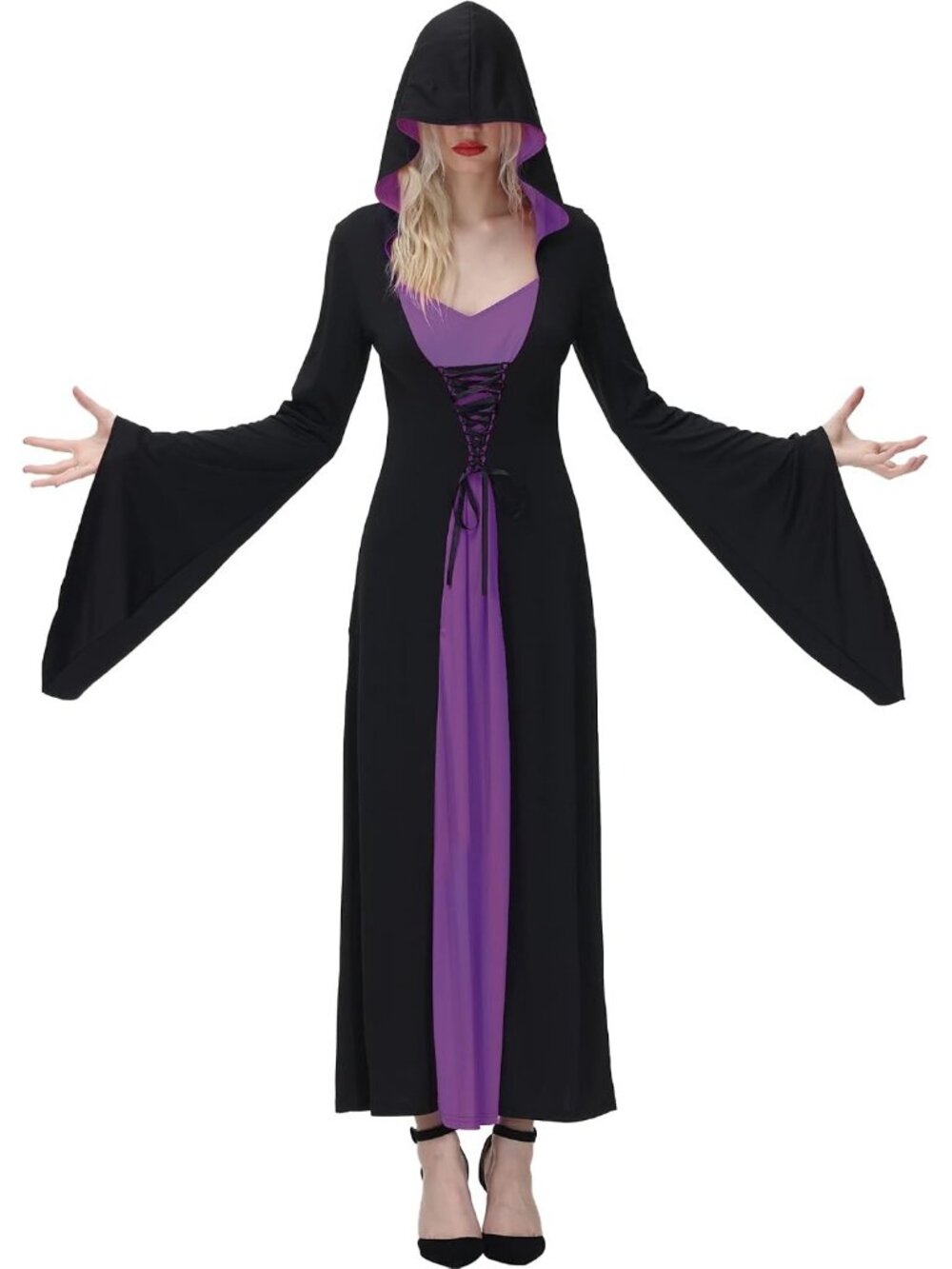 Women's Purple Gothic Witch Costume Hooded Medieval Halloween Dress Cosplay